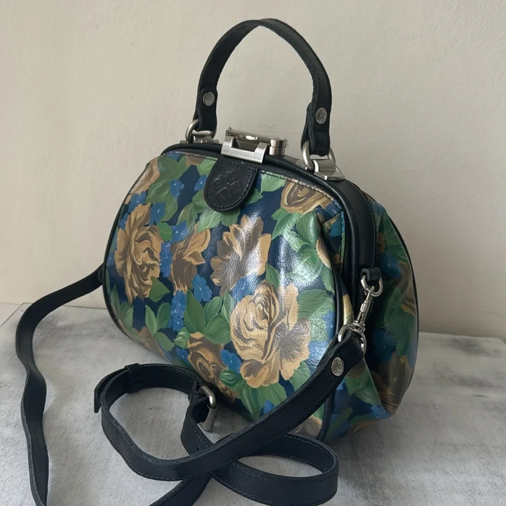 Patricia Nash Gracchi Frame Leather Blue Sky Rose Handbag Xbody Floral Blue